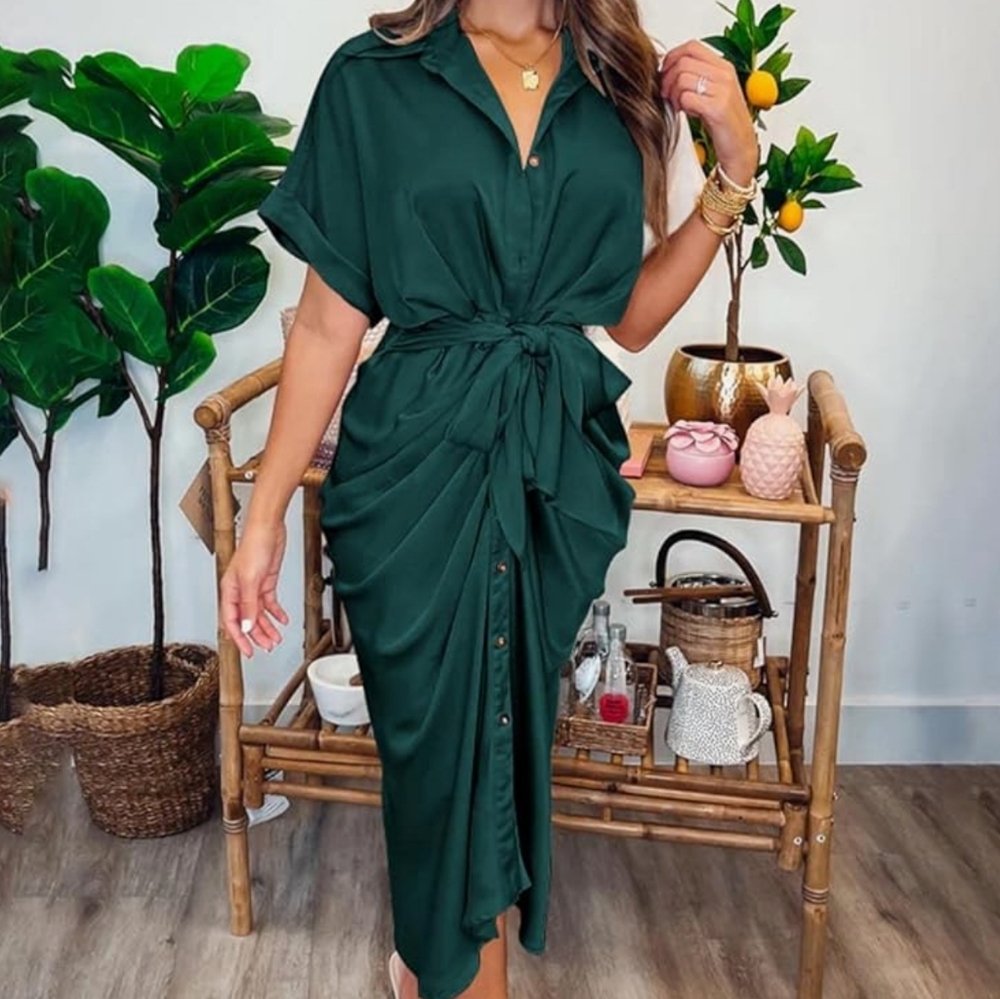 Button Down Ruched Shirt Dress